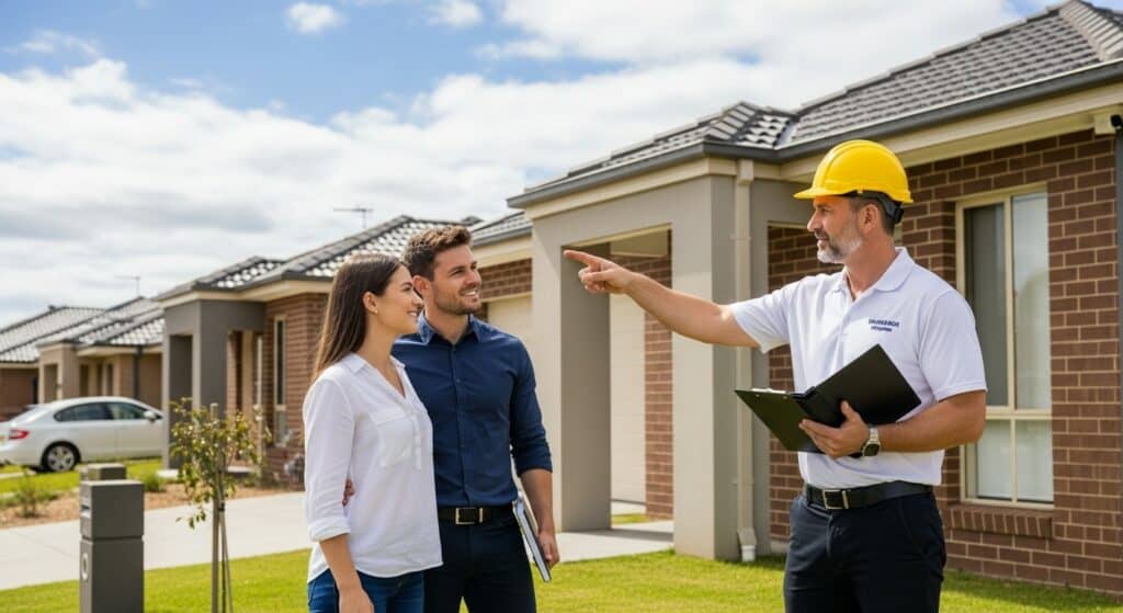 Tree removal expert discussing options with homeowners outside a residential property.