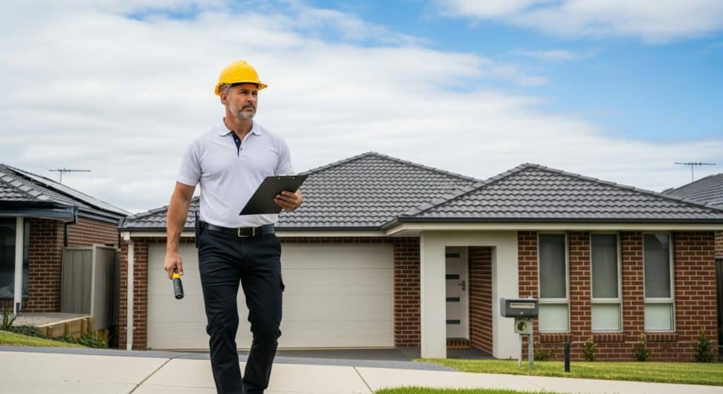 Professional tree removal specialist inspecting trees in front of suburban home in Australia.