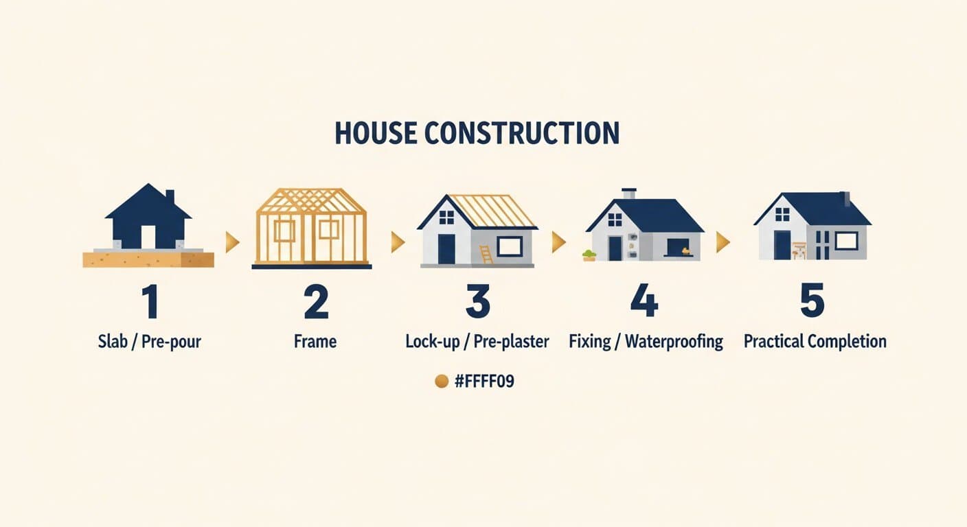Five inspection stages across a new home build, from slab to practical completion