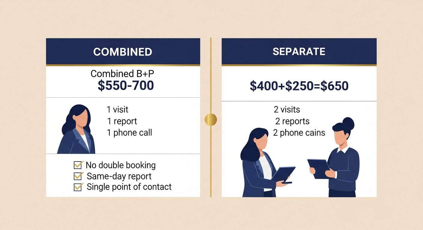 Comparison of combined building+pest inspection versus booking them separately, showing cost, time, and report integration