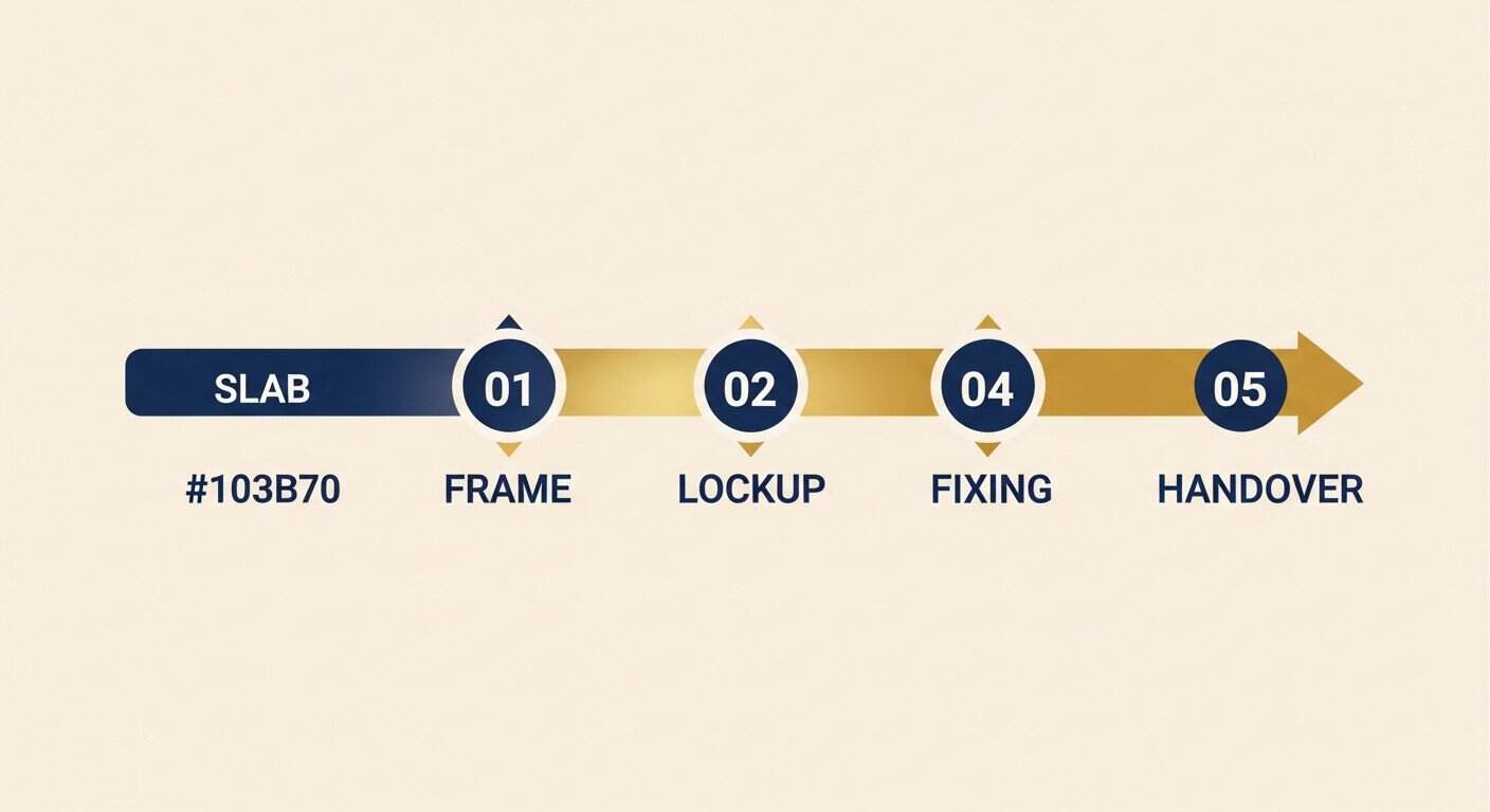 Step-by-step tree removal process diagram with slabs, frame, lockup, fixing, and handover stages.