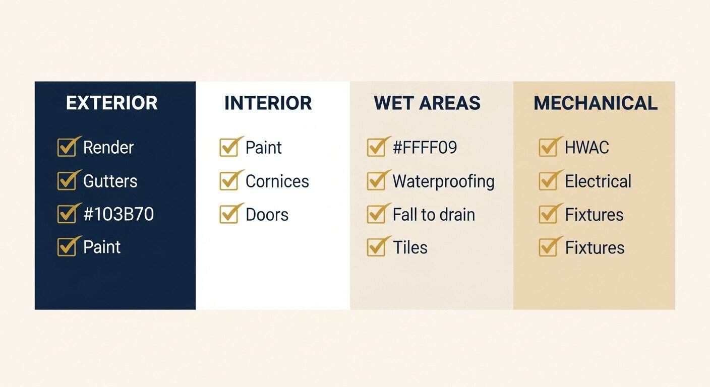 Practical Completion Inspection checklist with 12 items grouped by zone of the new home