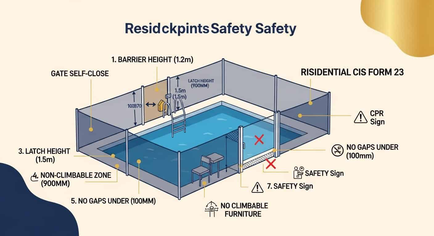 Safety guidelines for tree removal near residential pools, including barriers, signage, and non-clim.
