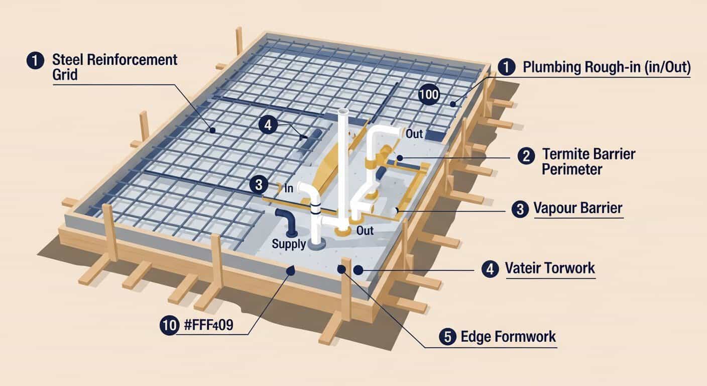 Steel reinforcement grid for concrete slab with plumbing and vapor barriers.
