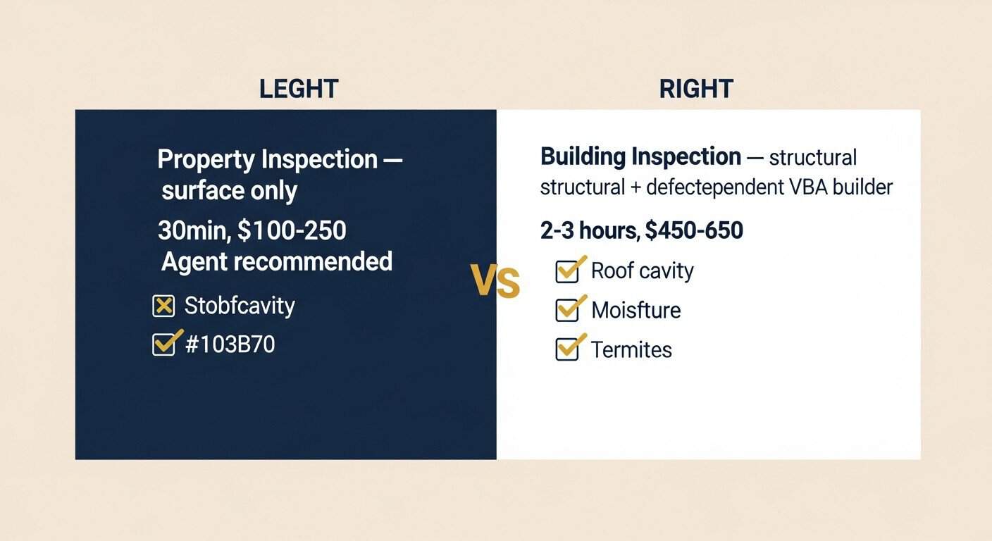 Comparison diagram: property inspection covers surface, building inspection covers structure and defects