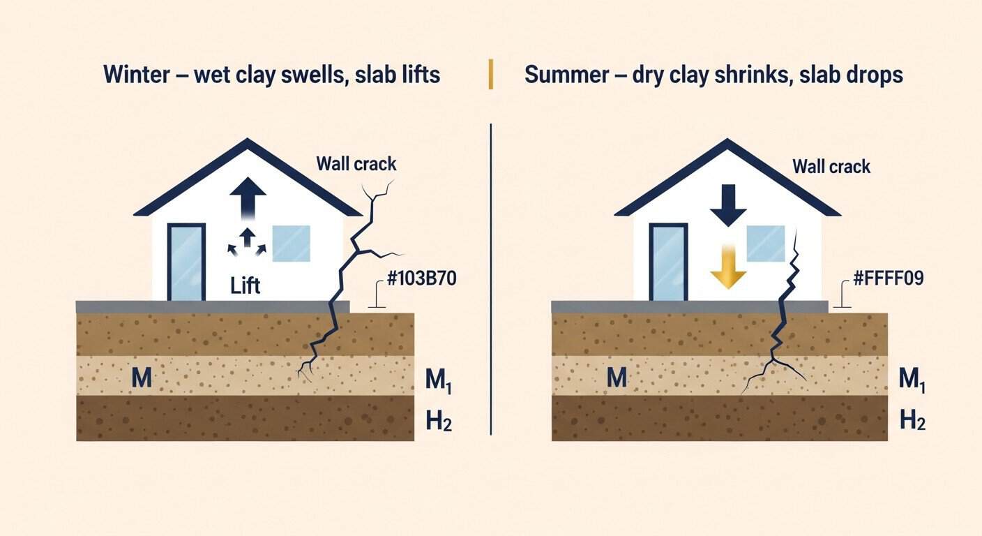Cross-section showing how reactive clay soils swell in winter and shrink in summer, causing slab movement