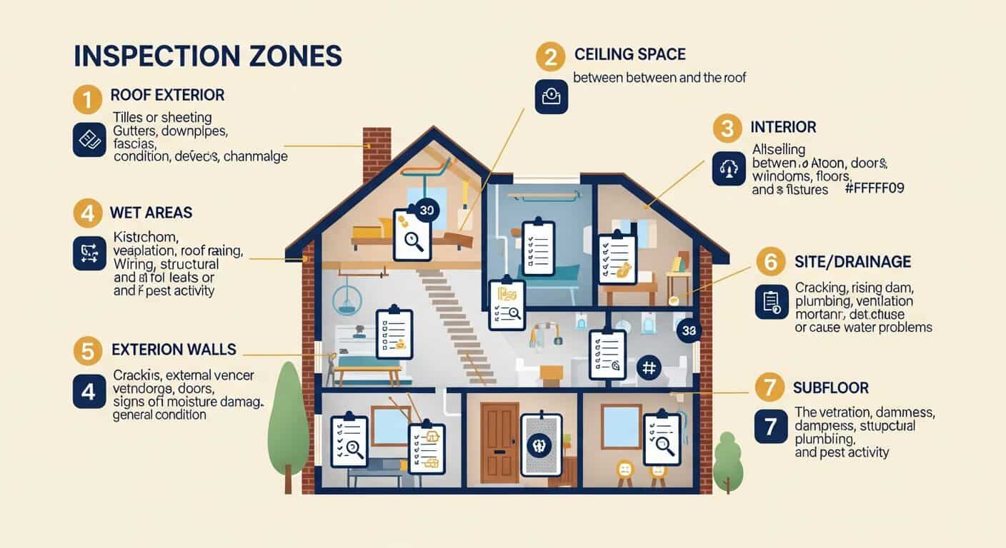 The 7 zones a pre-purchase building inspection covers, from roof to subfloor